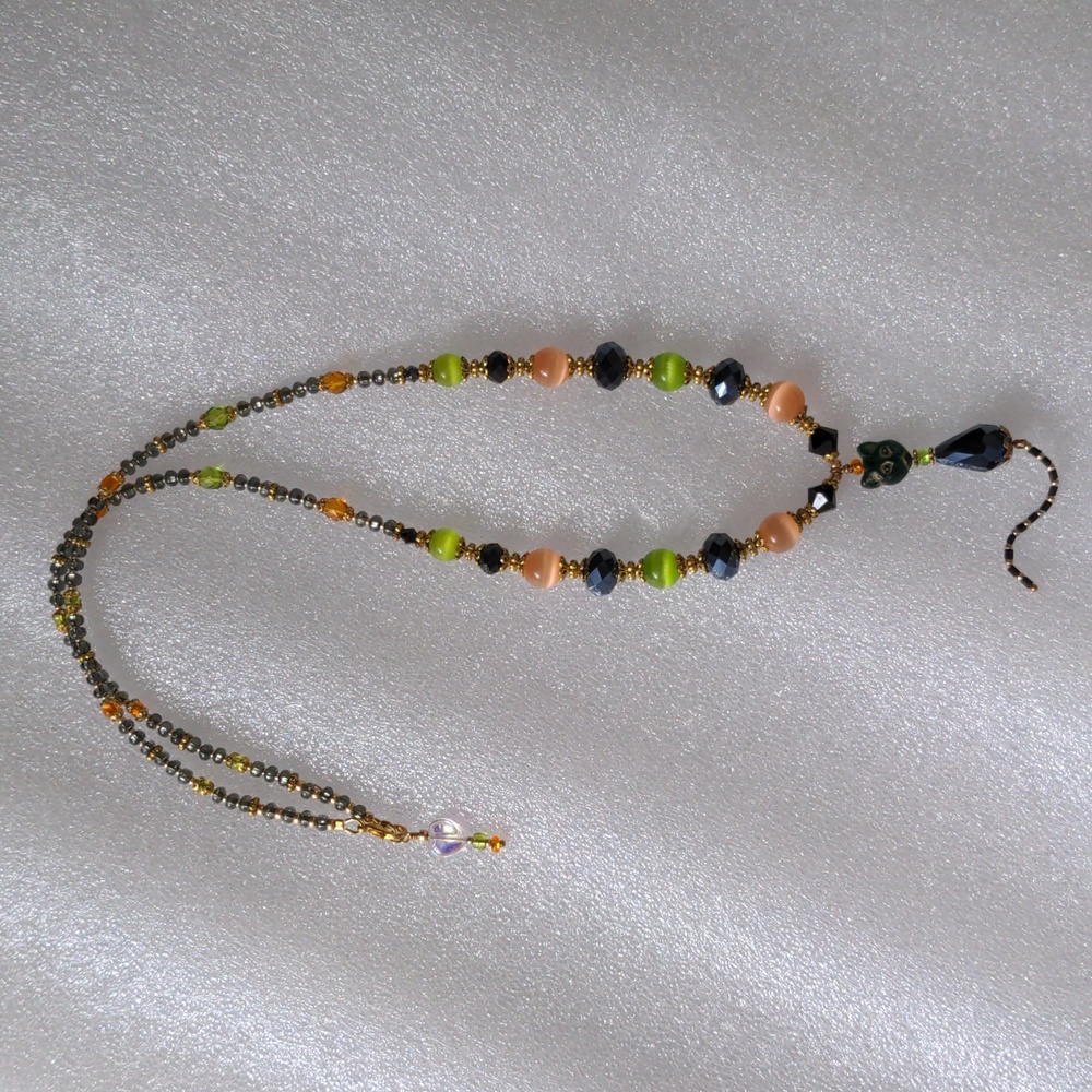 Halloween Black cat necklace handmade with gems / crystals